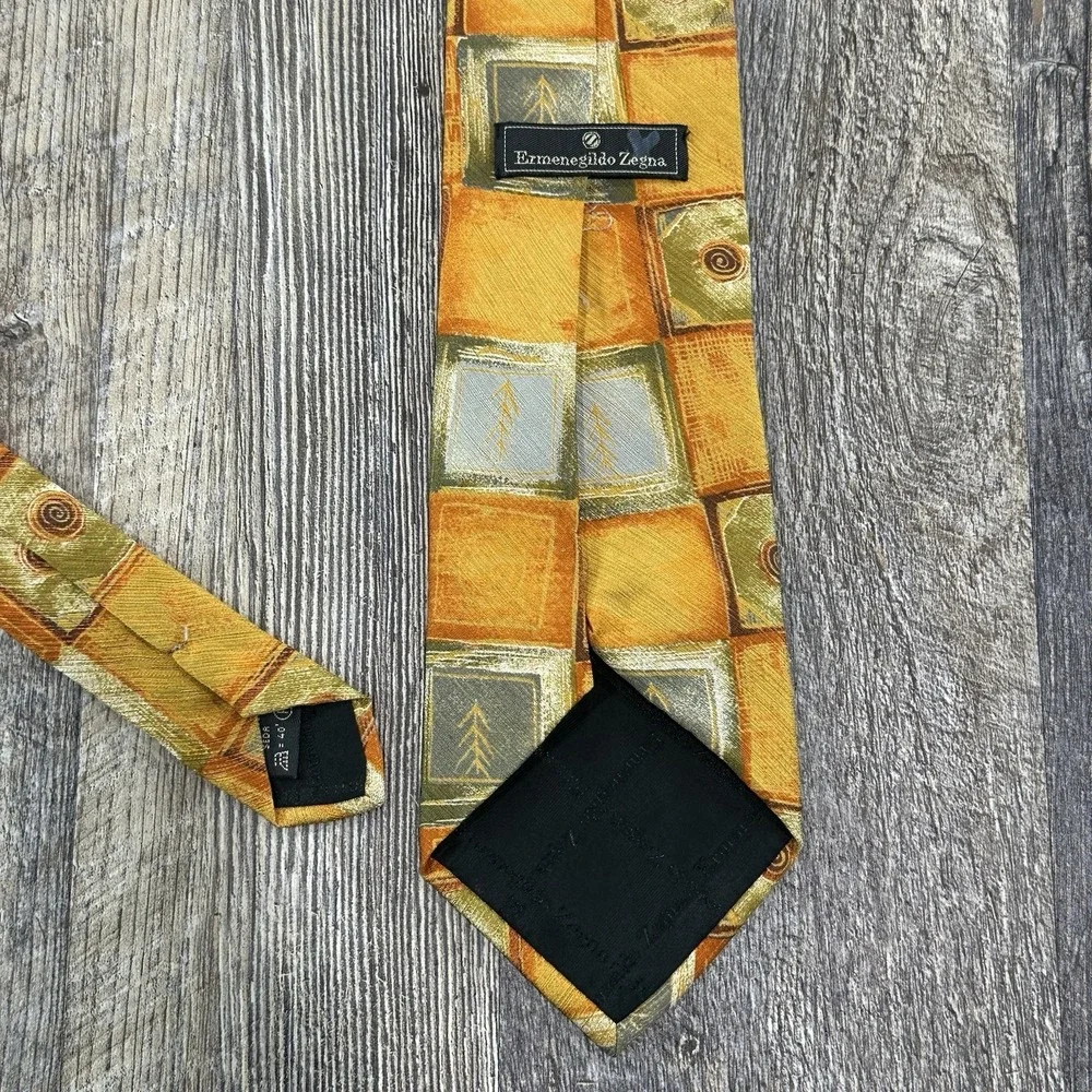 Ermenegildo Zegna 100% Silk‎ Tie Geometric Square Pattern Gold Orange Gray Italy